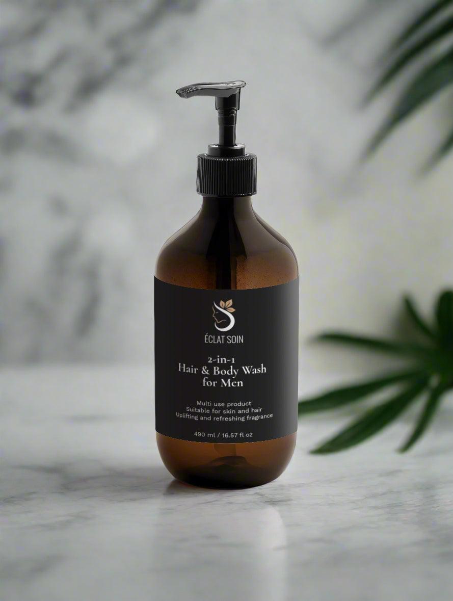 Eclat Soin 2-in-1 Hair & Body Wash for Men in amber bottle with pump for easy use