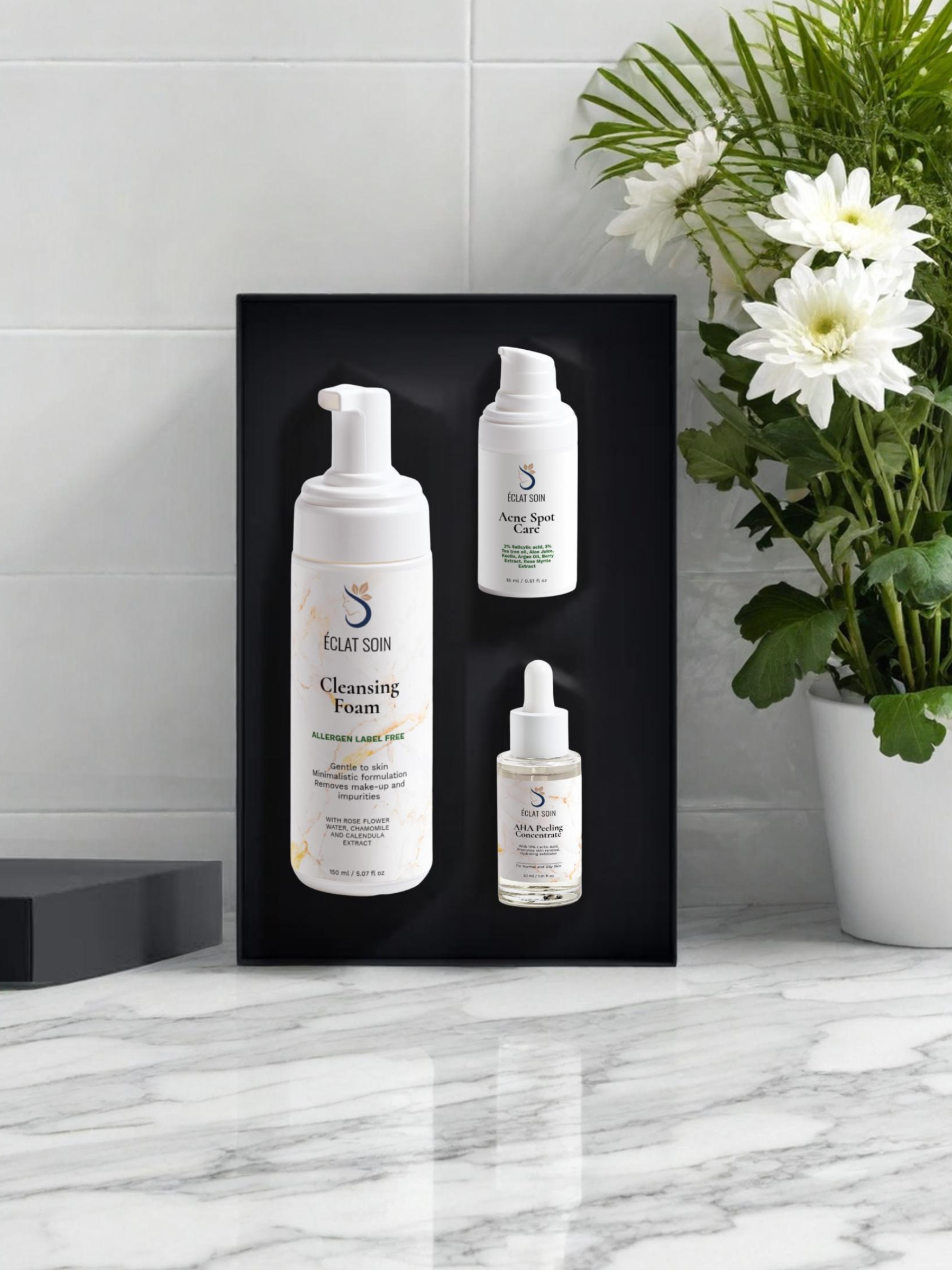 Eclat Soin Acne Care Skincare Collection Box featuring cleansing foam and serum for clear skin
