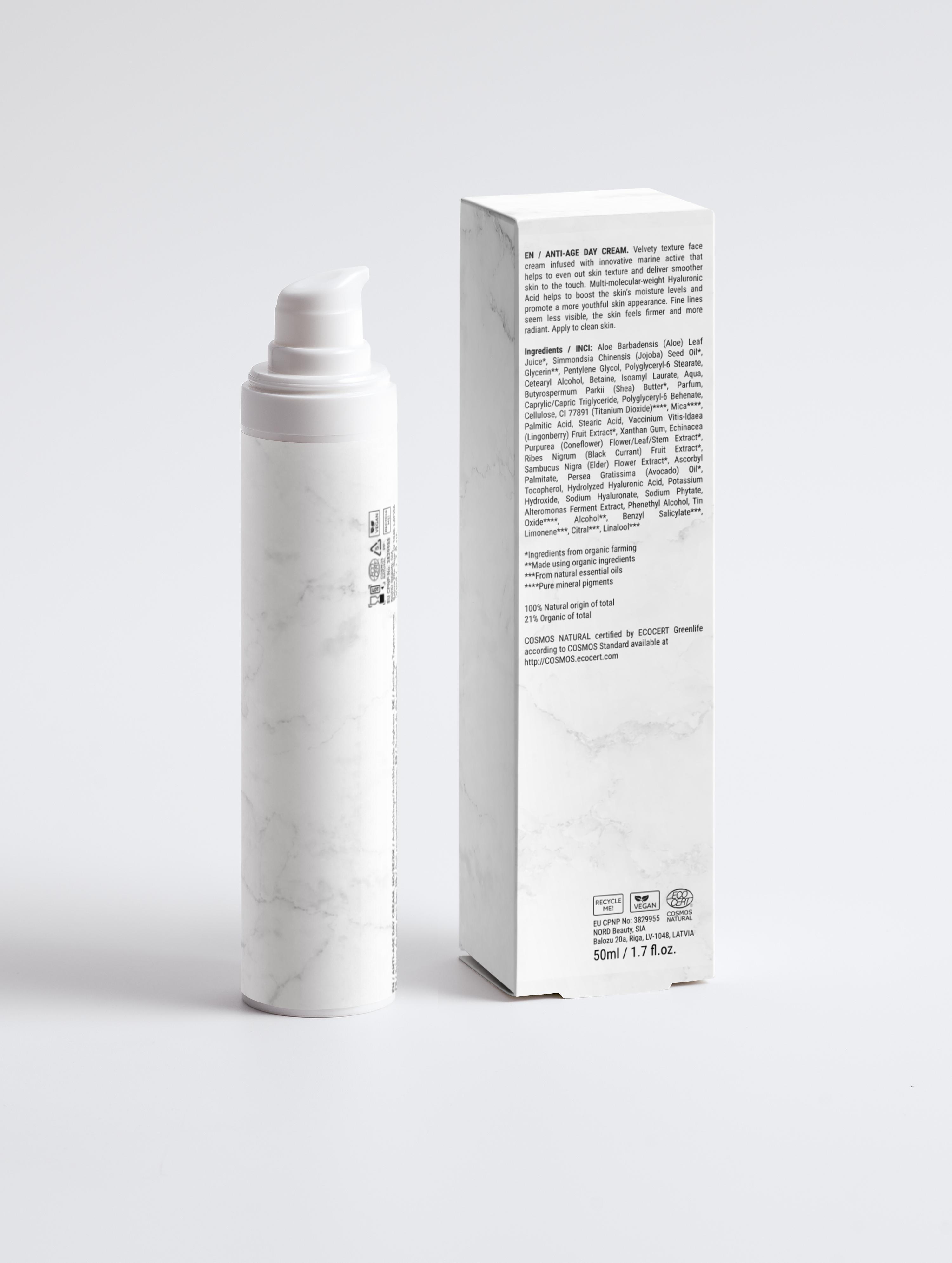 Eclat Soin Anti-Age Day Cream with Hyaluronic Acid in stylish marble bottle and packaging