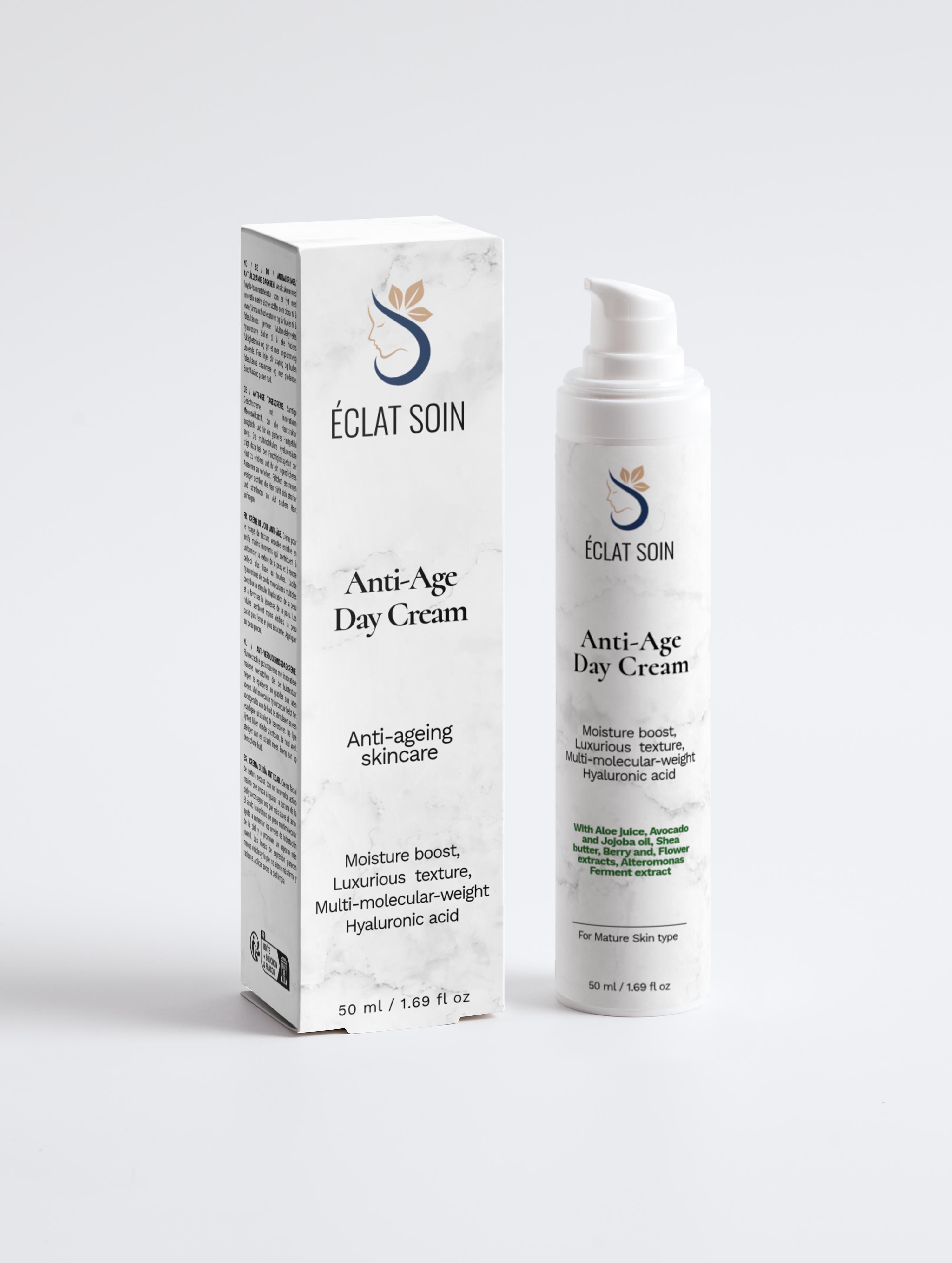 Eclat Soin Anti-Age Day Cream with Hyaluronic Acid in a sleek pump bottle and elegant packaging