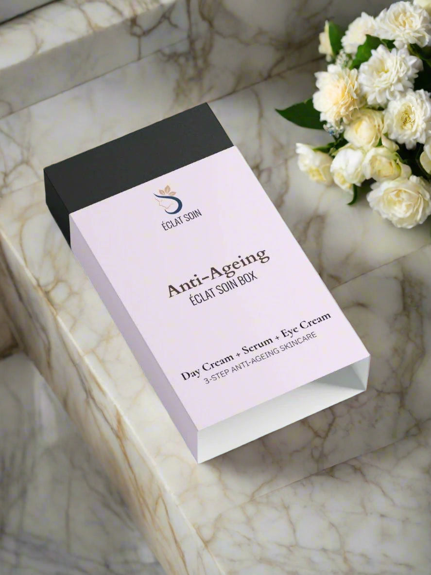 Eclat Soin Anti-Ageing Skincare Collection Box featuring Day Cream, Serum, and Eye Cream