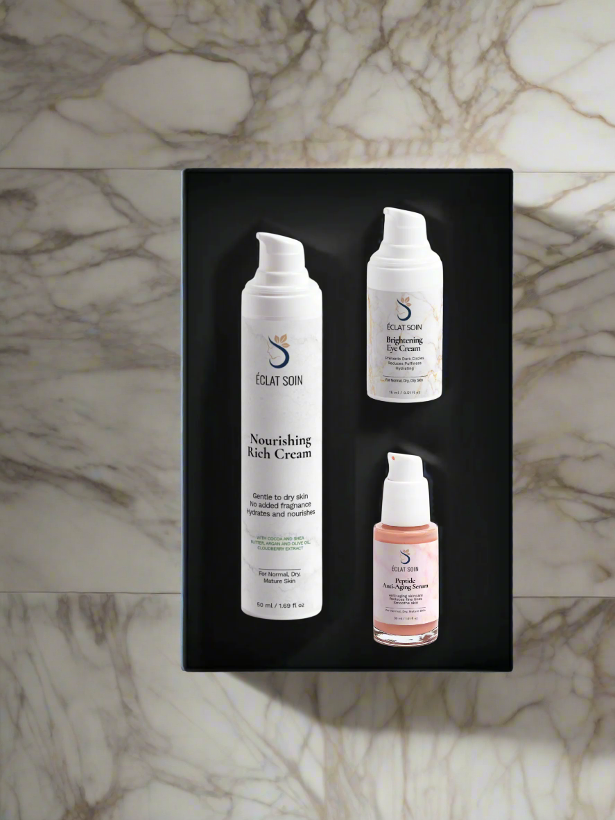 Eclat Soin Anti-Ageing Skincare Collection Box featuring nourishing rich cream and serums