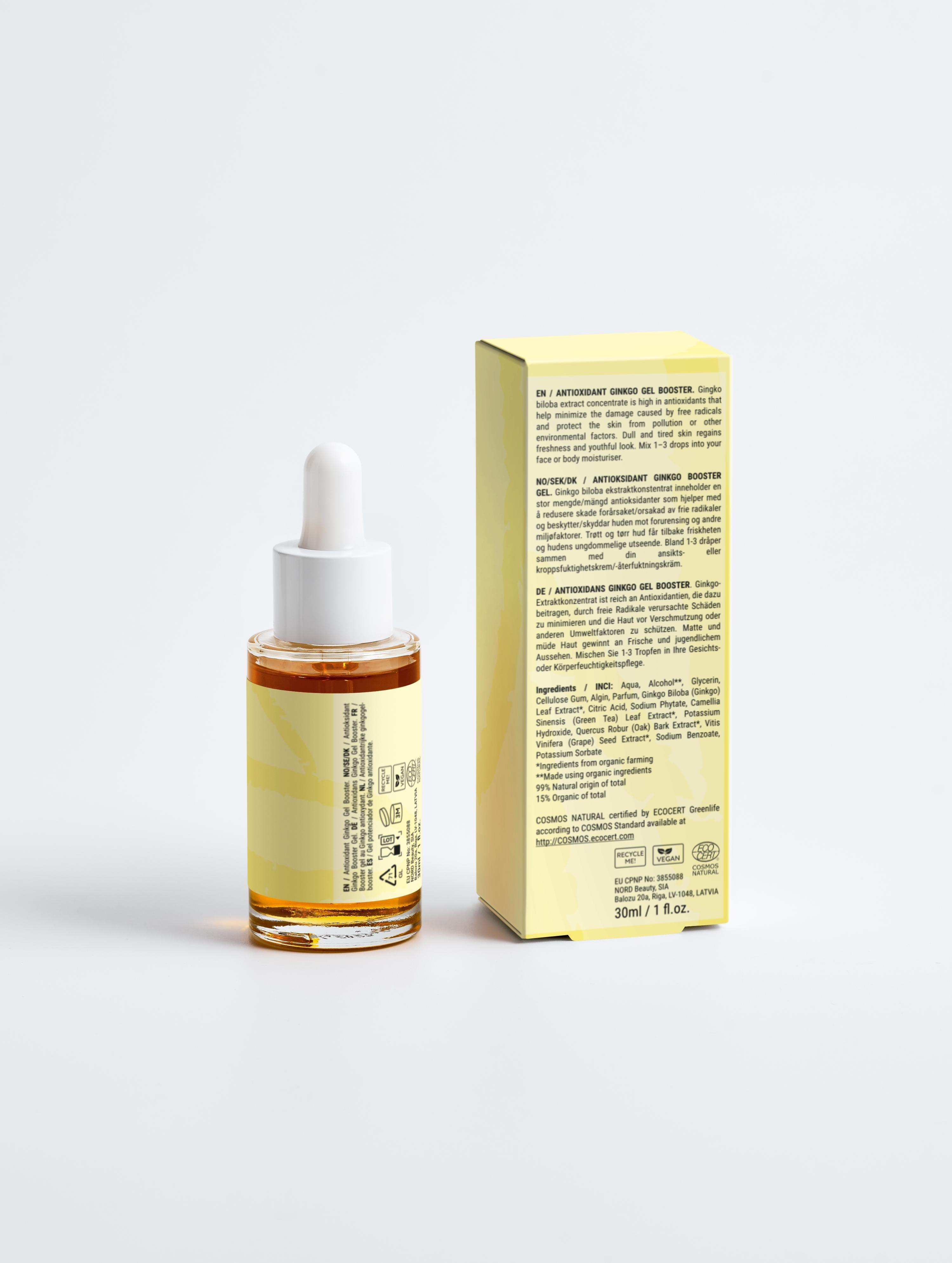 Eclat Soin Antioxidant Ginkgo and Green Tea Gel Booster in a glass dropper bottle with packaging