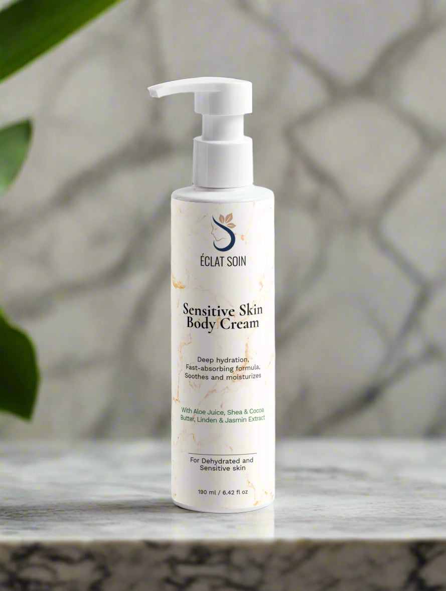 Eclat Soin Sensitive Skin Body Cream in a pump bottle for dehydrated & sensitive skin