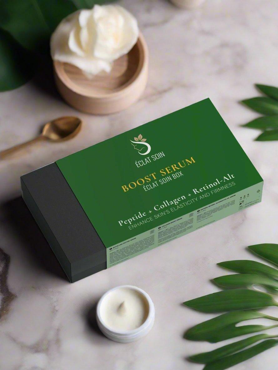 Eclat Soin Boost Serum Skincare Collection Box featuring peptide, collagen, and retinol ingredients