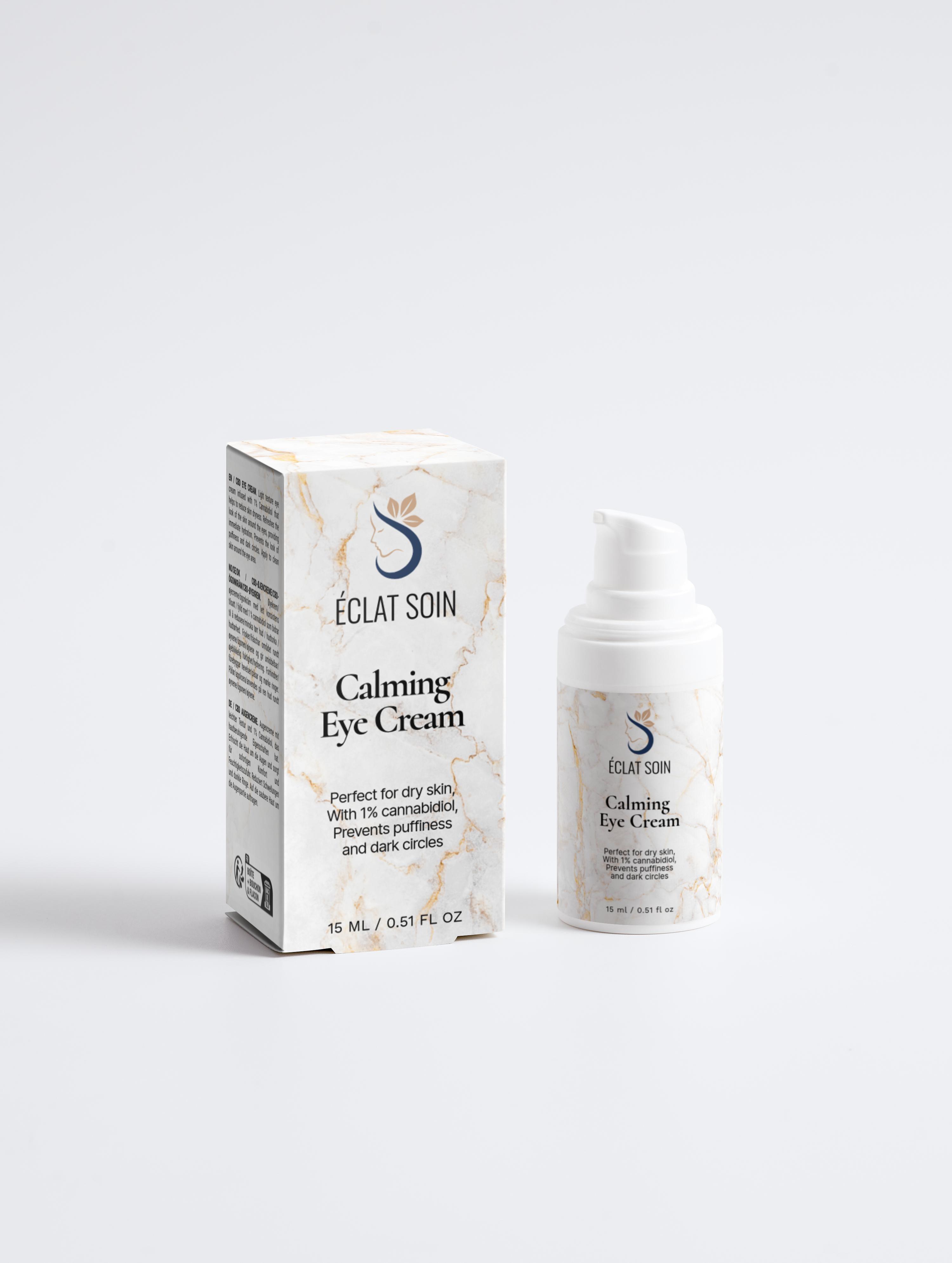 Eclat Soin Calming Eye Cream in a bottle with elegant packaging for reducing puffiness and dark circles