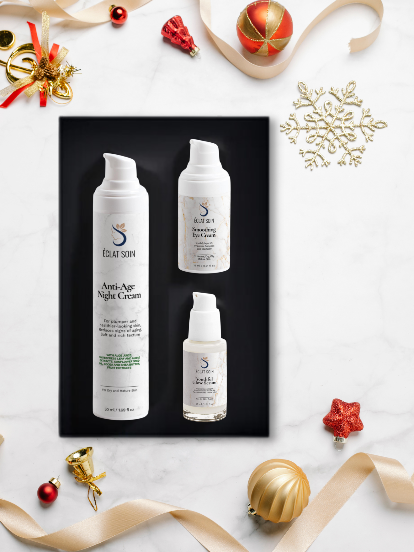Eclat Soin Collagen Night Routine Skincare Collection Box featuring anti-aging products for nighttime use