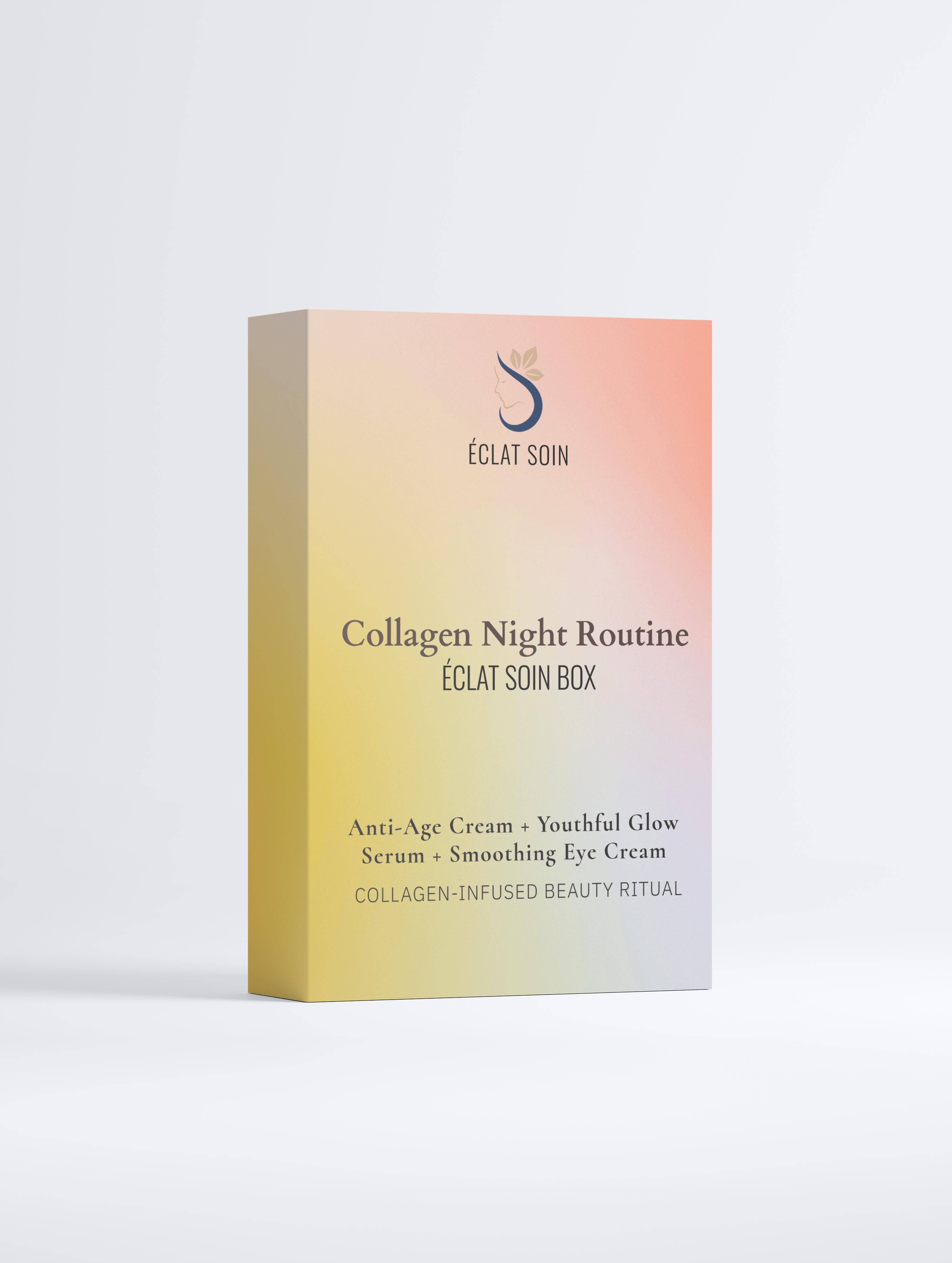 Eclat Soin Collagen Night Routine Skincare Collection Box featuring anti-age cream, serum, and smoothing eye cream