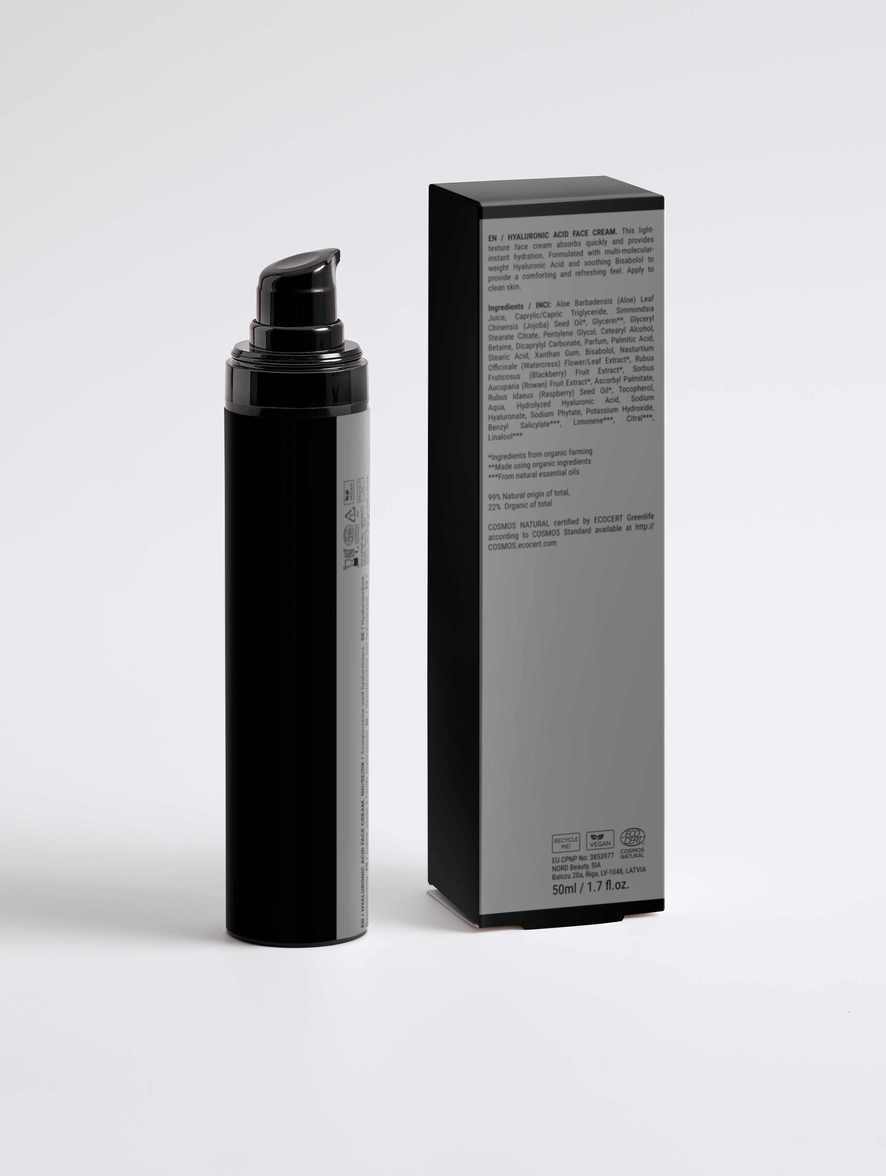 Eclat Soin Hyaluronic Acid Face Cream for Men in sleek black packaging with pump dispenser