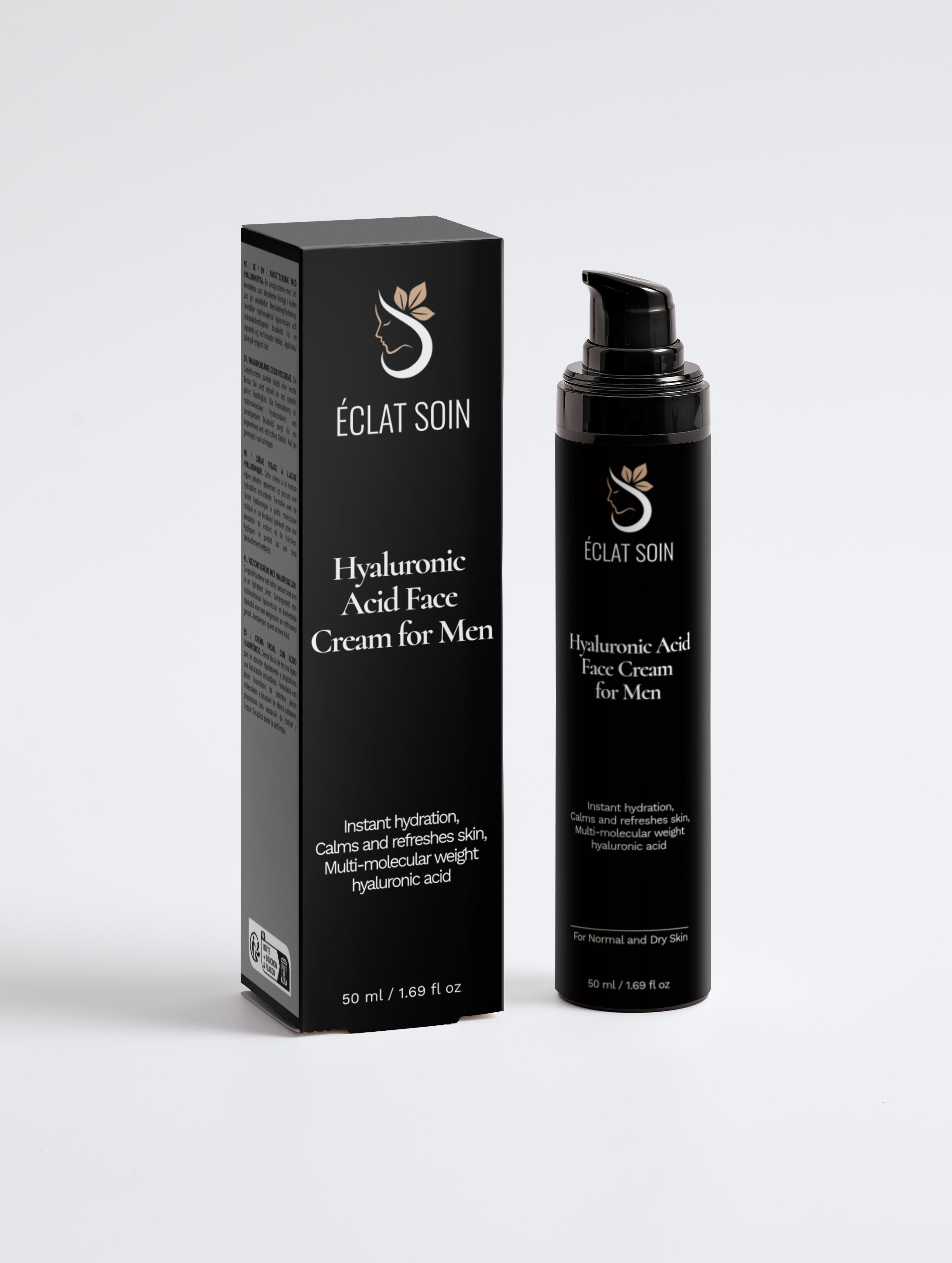 Eclat Soin Hyaluronic Acid Face Cream for Men in sleek black packaging for instant hydration