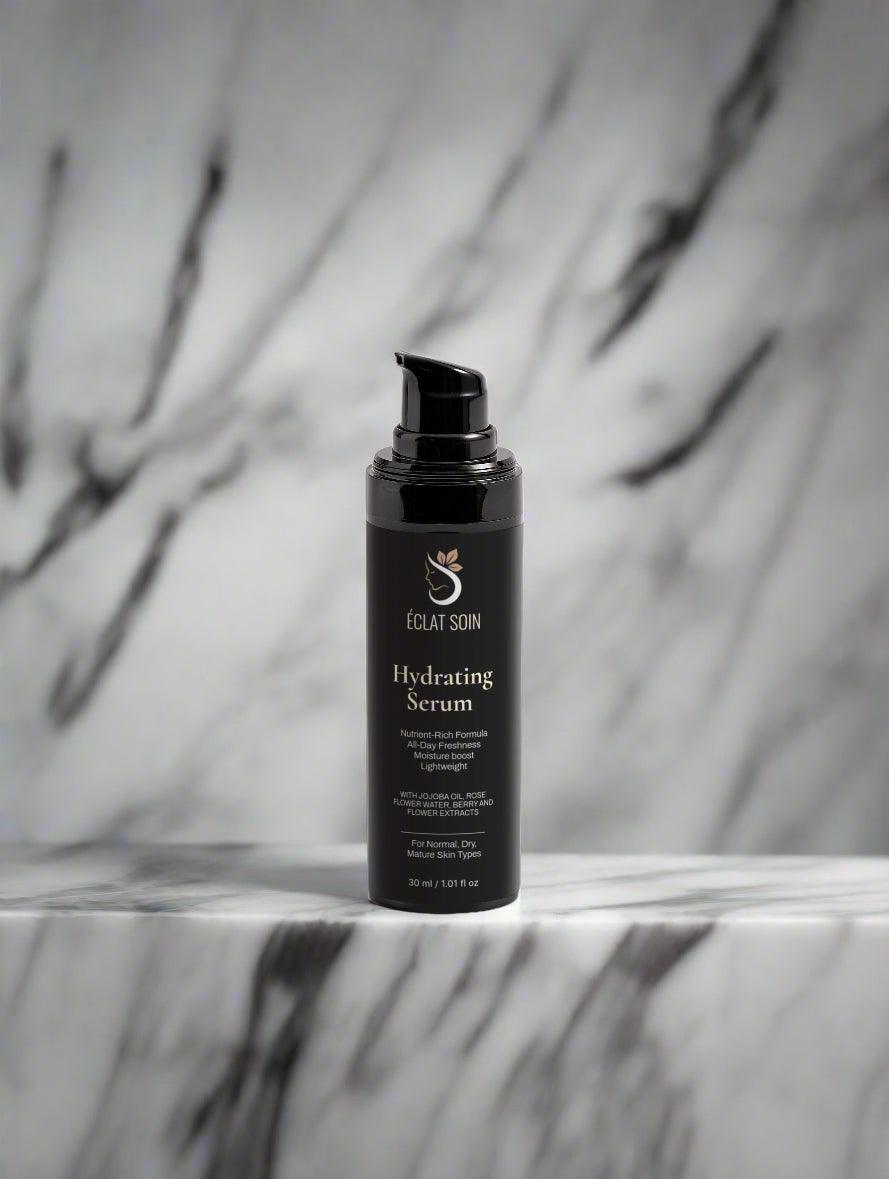 Eclat Soin Hydrating Serum in a sleek black bottle, perfect for deep skin hydration.