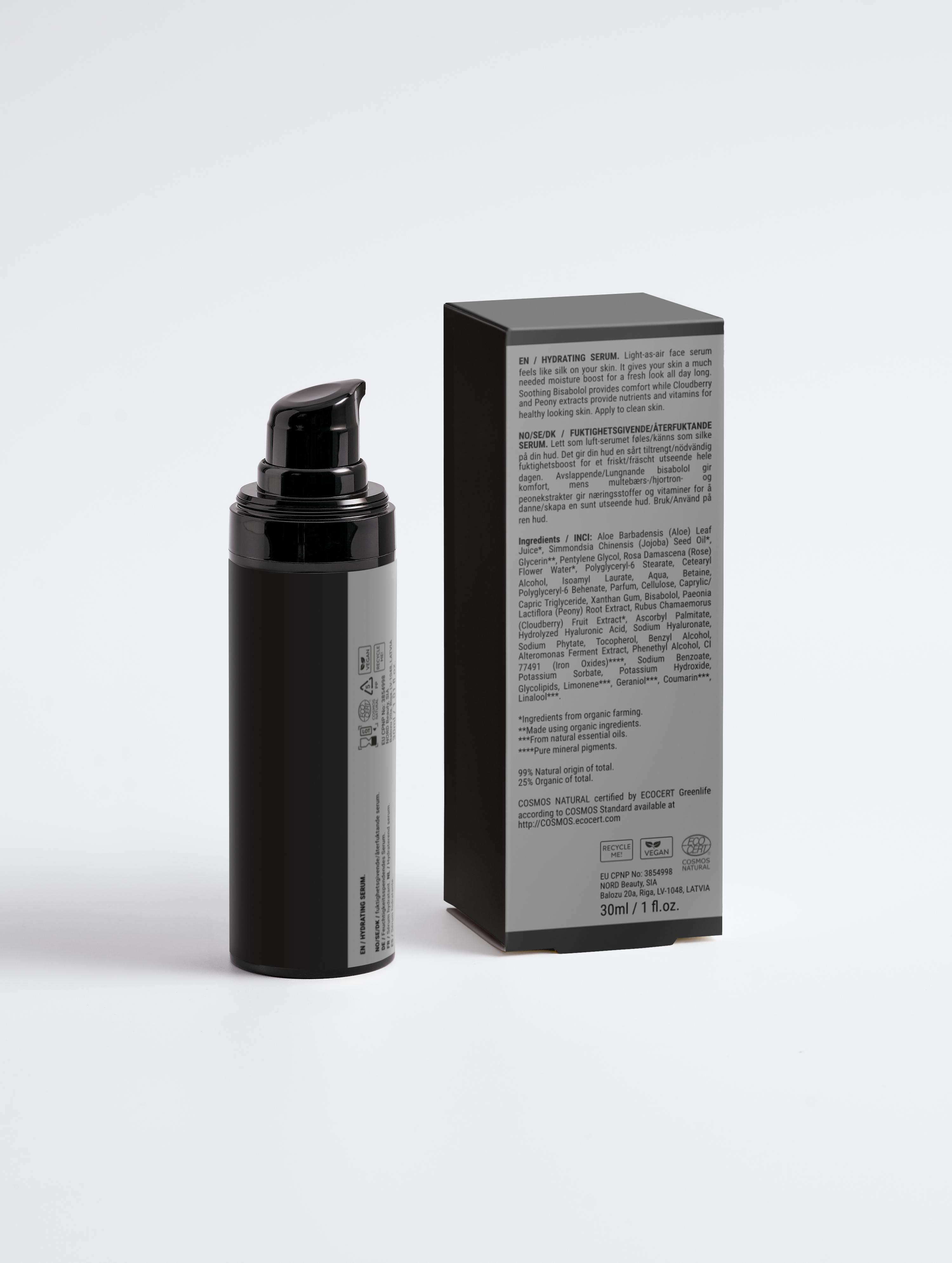 Eclat Soin Hydrating Serum in a black pump bottle with packaging, designed for skin moisture enhancement
