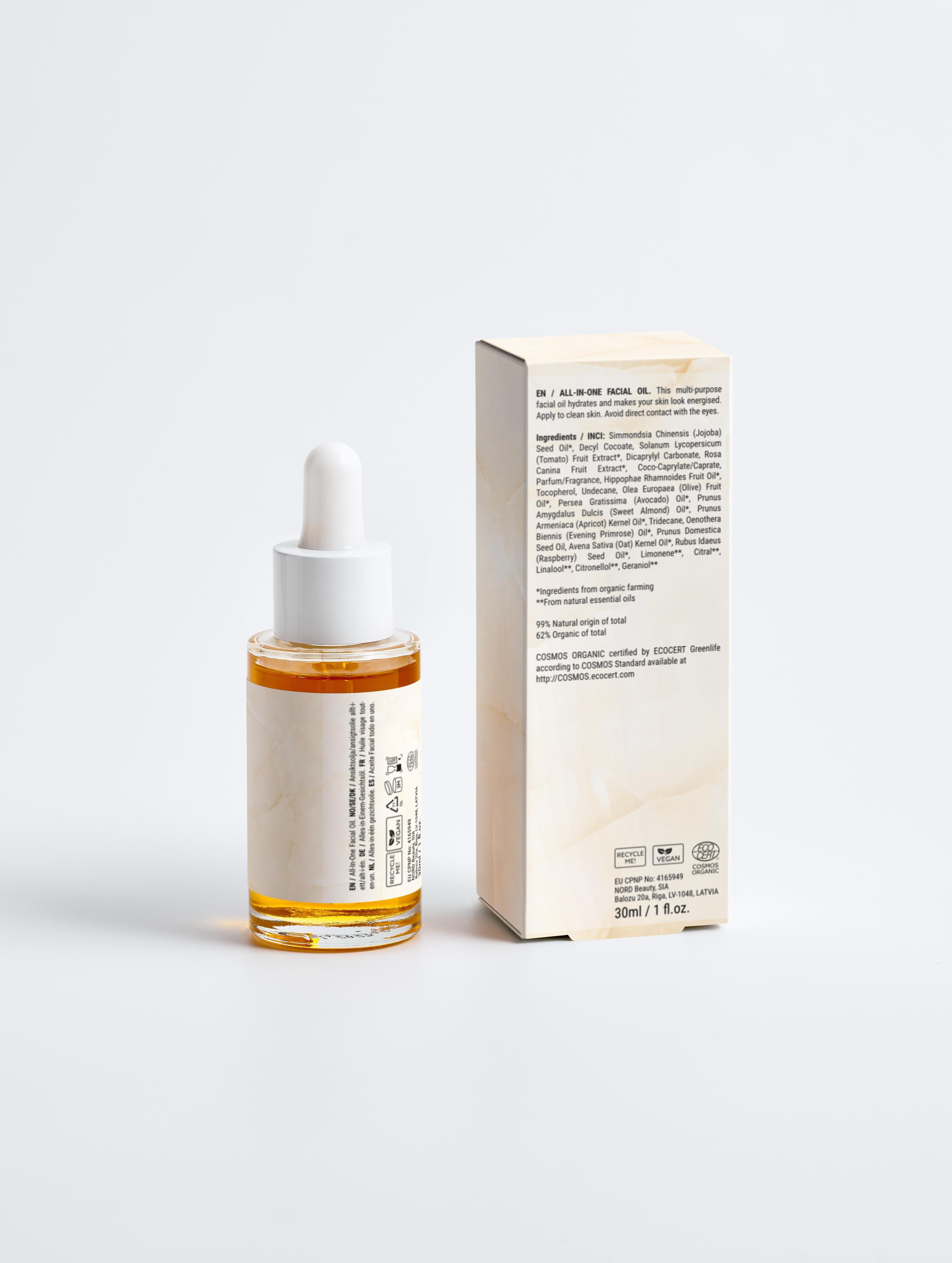 Eclat Soin Multi-Purpose Facial Oil in an elegant bottle with a dropper and packaging, suitable for radiant skin