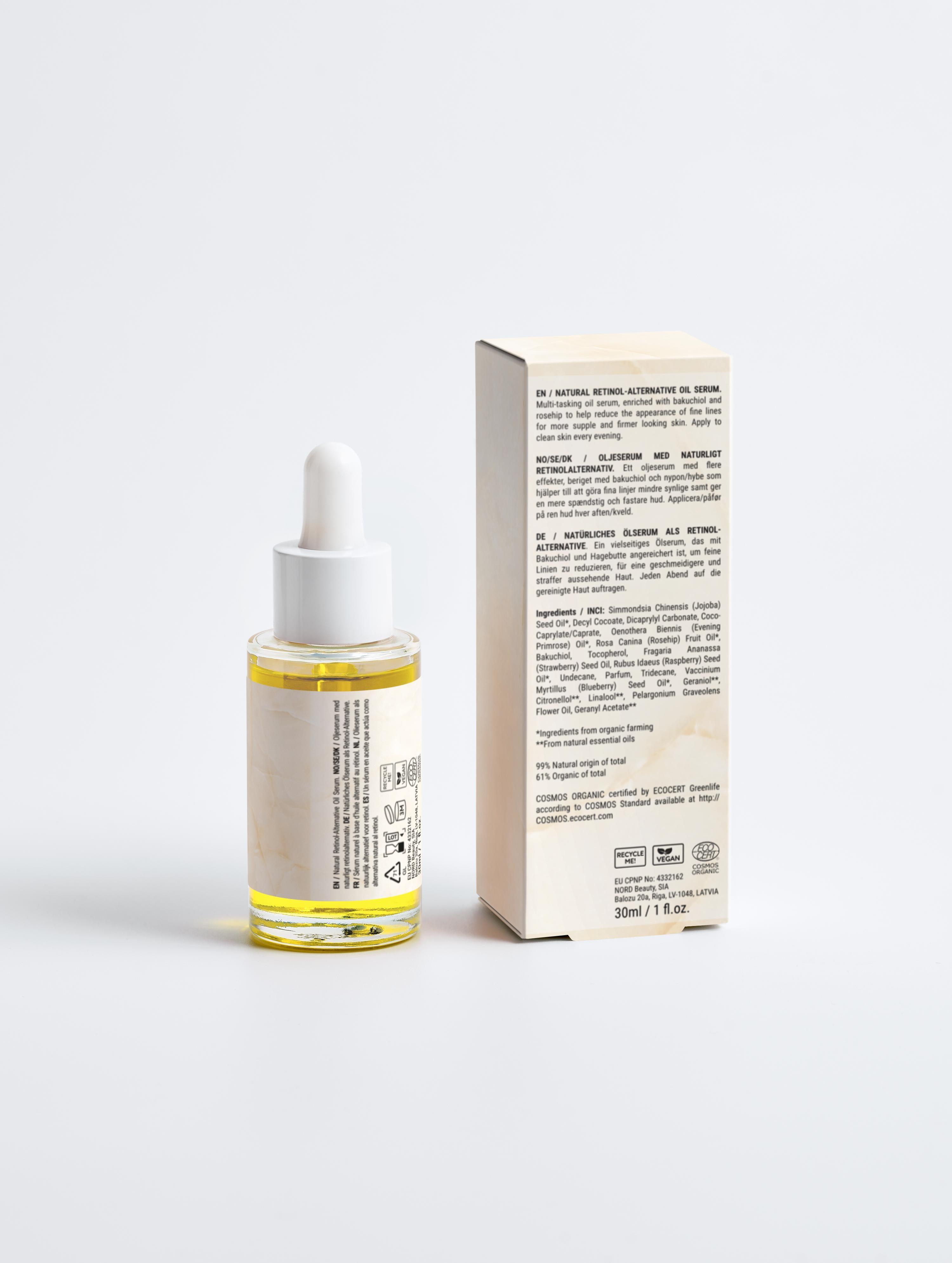 Eclat Soin Natural Retinol-Alternative Oil Serum in a glass dropper bottle with product packaging