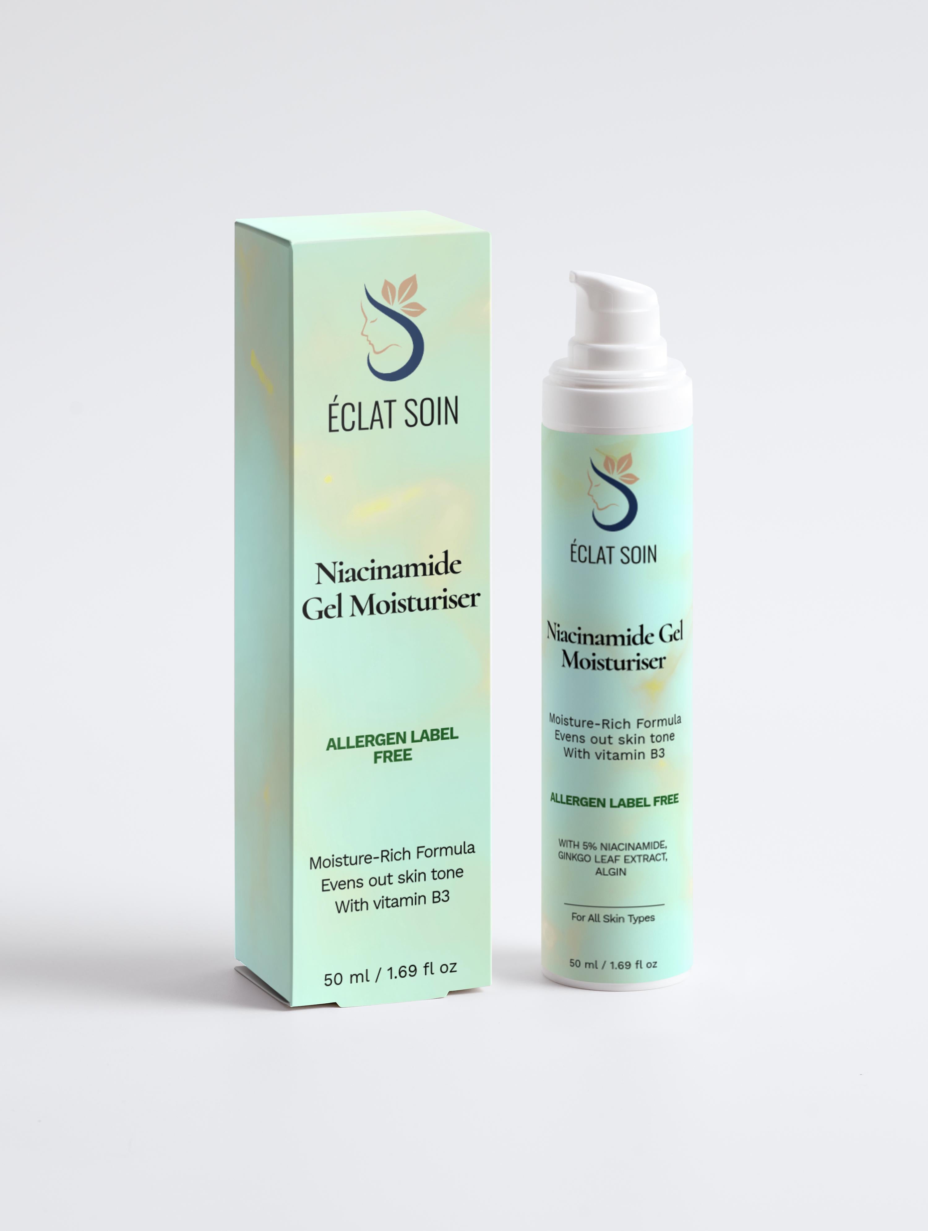 Eclat Soin Niacinamide Gel Face Moisturiser in a pump bottle with packaging for even skin tone
