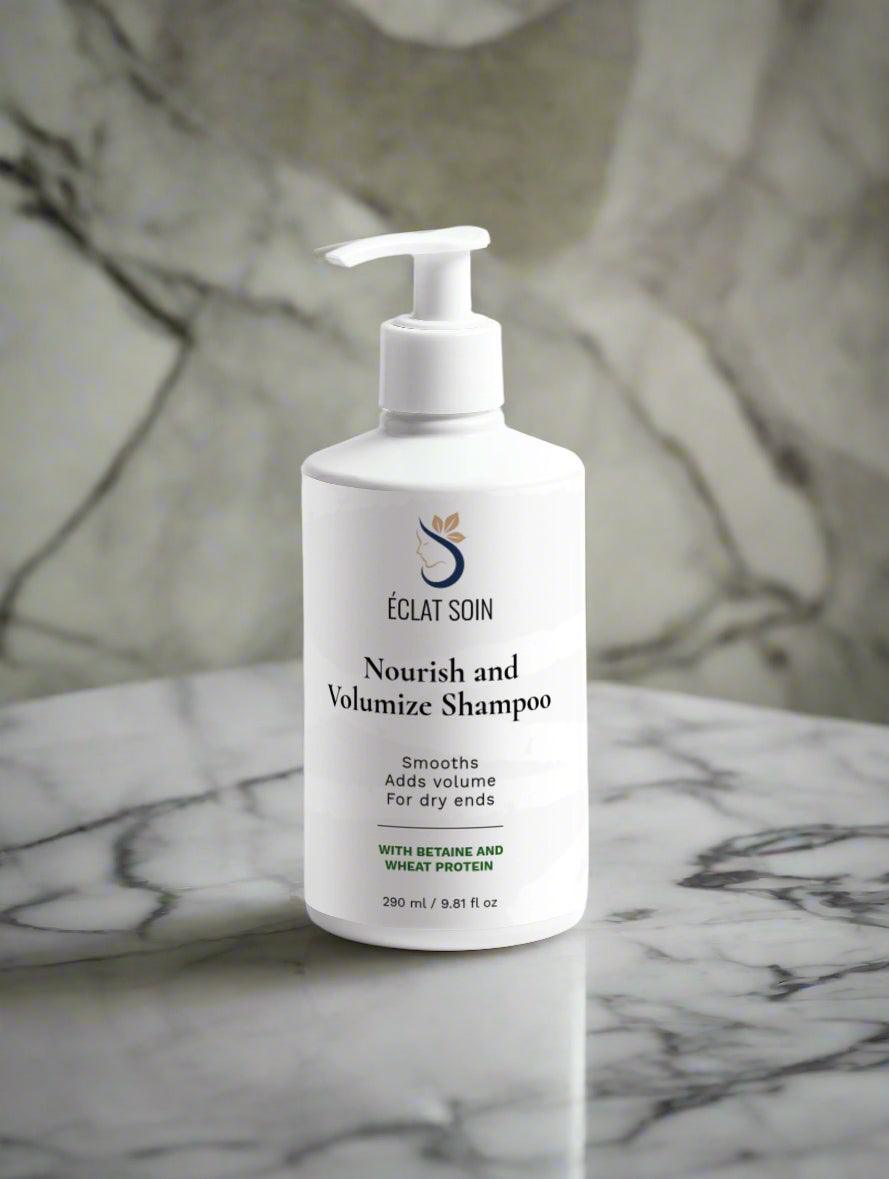 Eclat Soin Nourish and Volumize Shampoo in a 200ml bottle designed for adding volume and smoothing dry ends