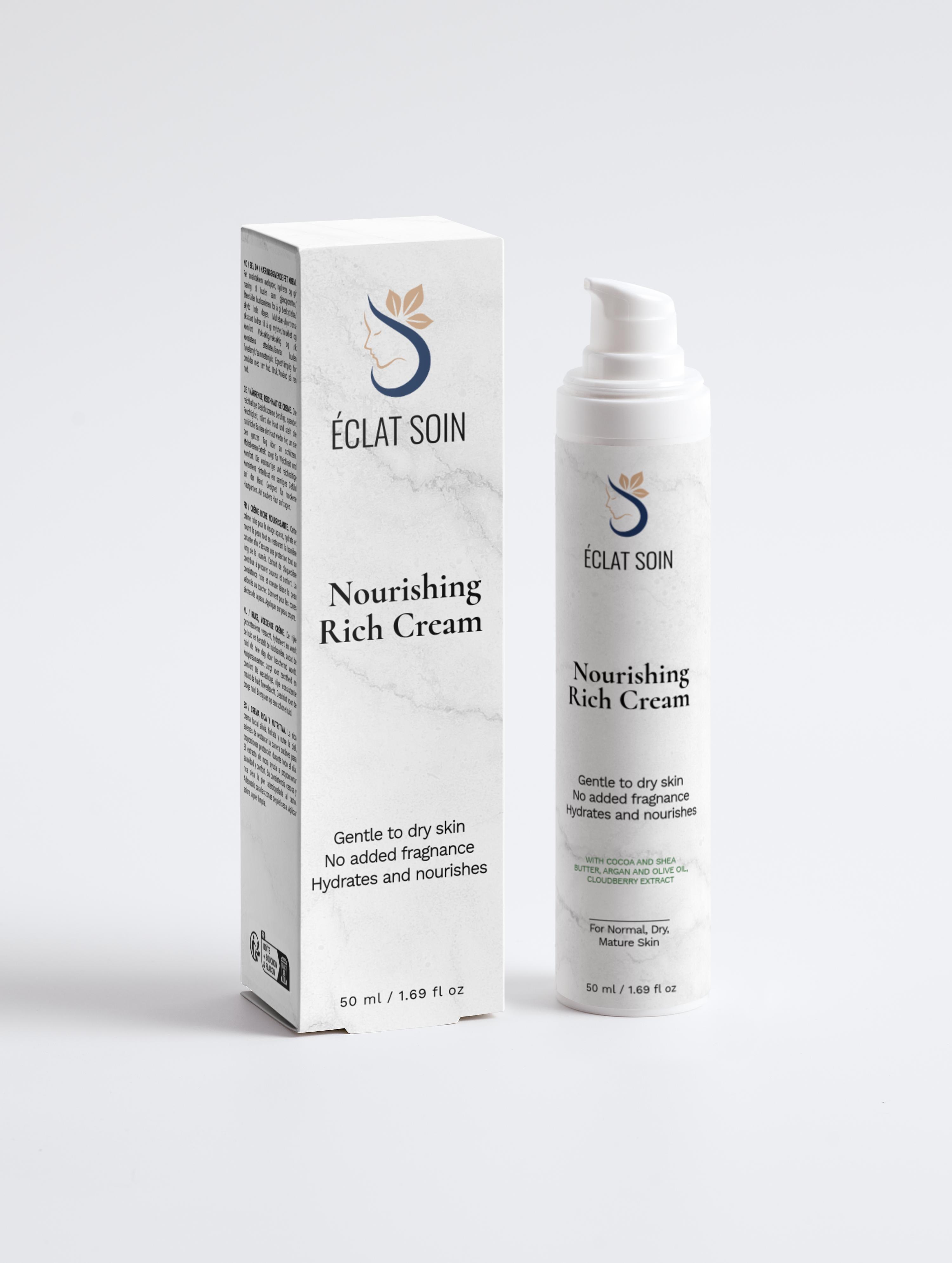 Eclat Soin Nourishing Rich Face Cream in a pump bottle with a sleek box for hydrating and nourishing skin