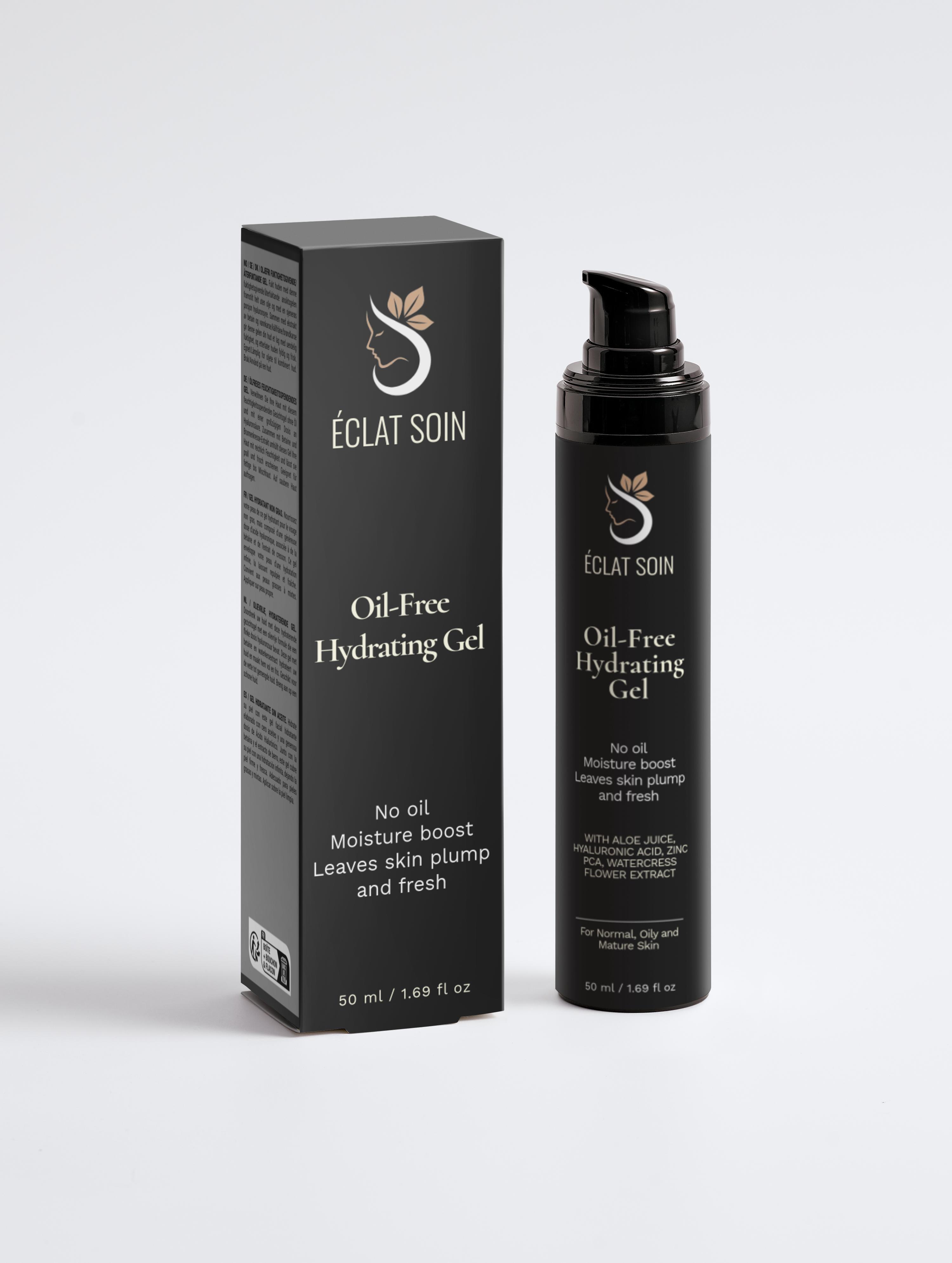 Eclat Soin Oil-Free Hydrating Gel in sleek black packaging, 50ml, for plump and fresh skin