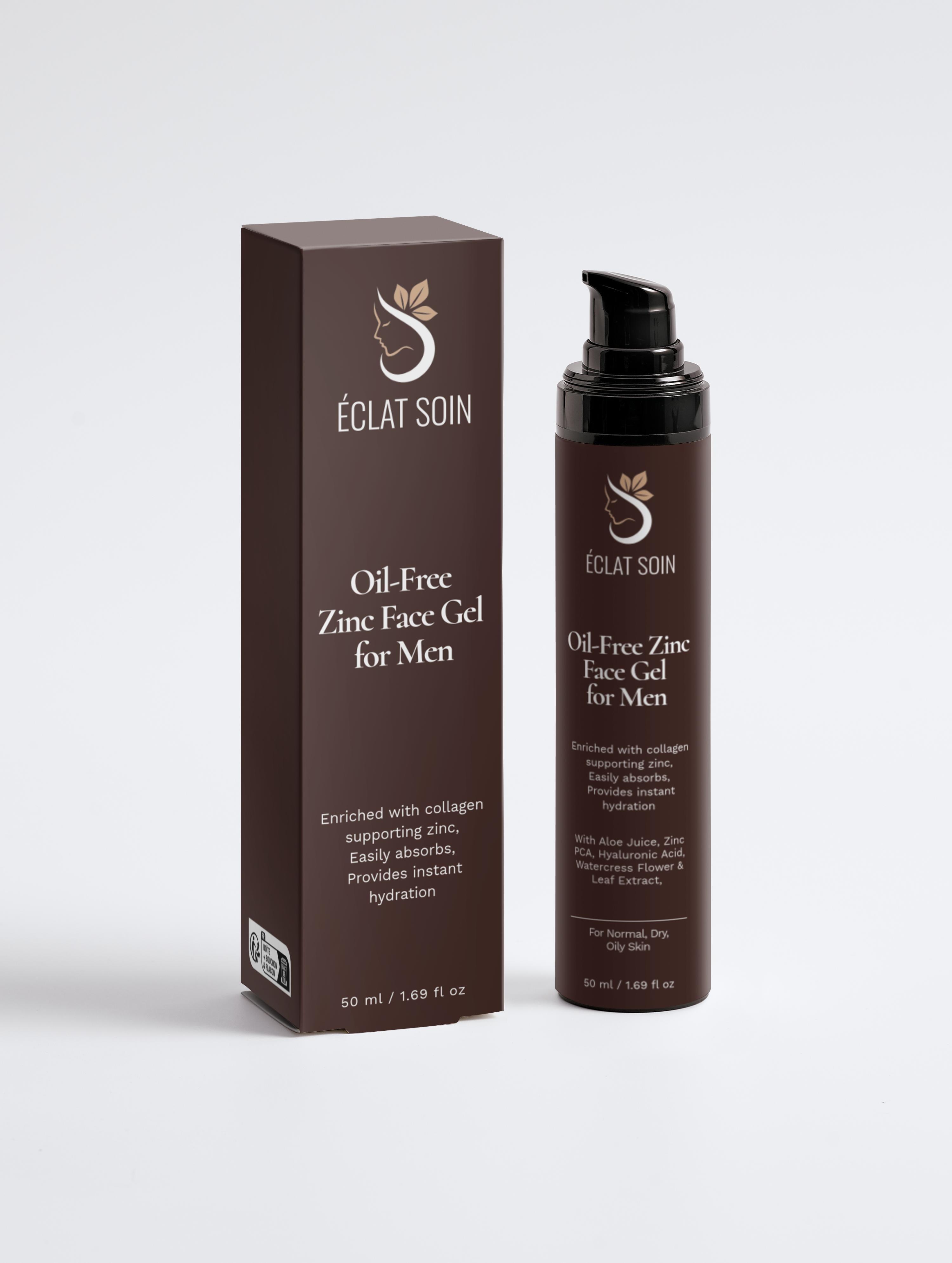 Eclat Soin Oil-Free Zinc Face Gel for Men in a 50ml pump bottle with a sleek design