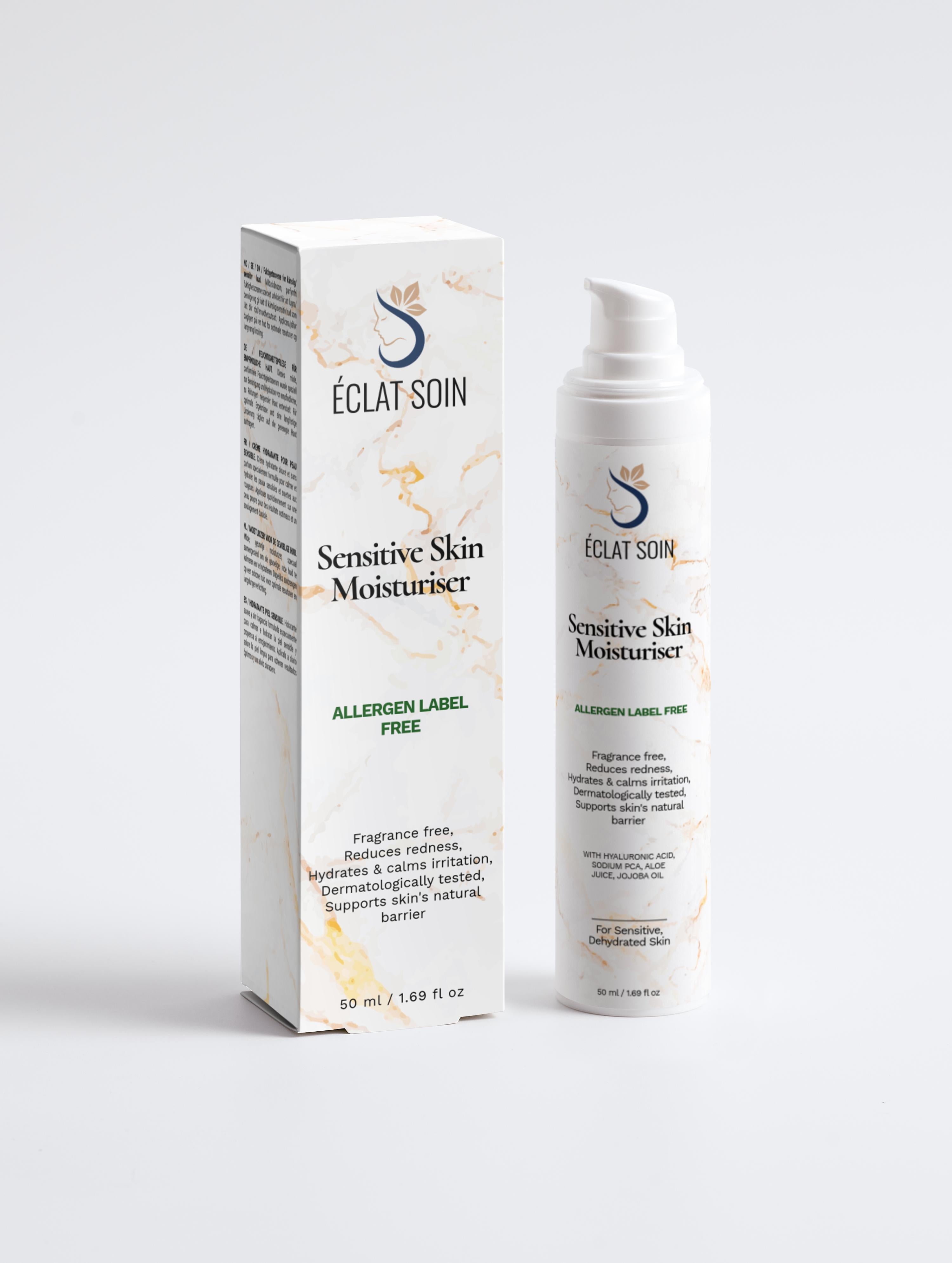 Eclat Soin Sensitive Skin Moisturiser in a pump bottle with allergen label free packaging