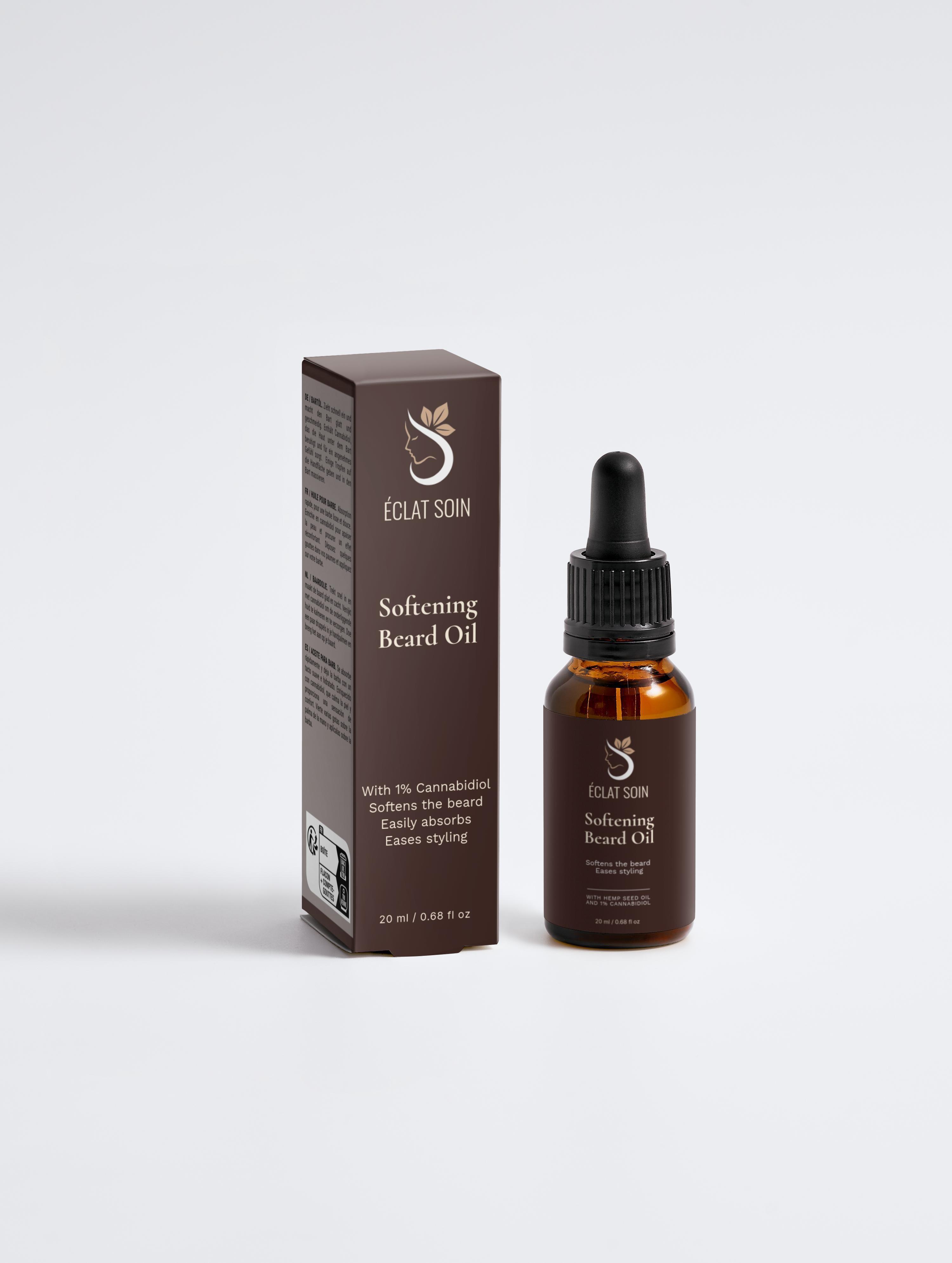 Eclat Soin Softening Beard Oil in amber bottle with dropper for easy application