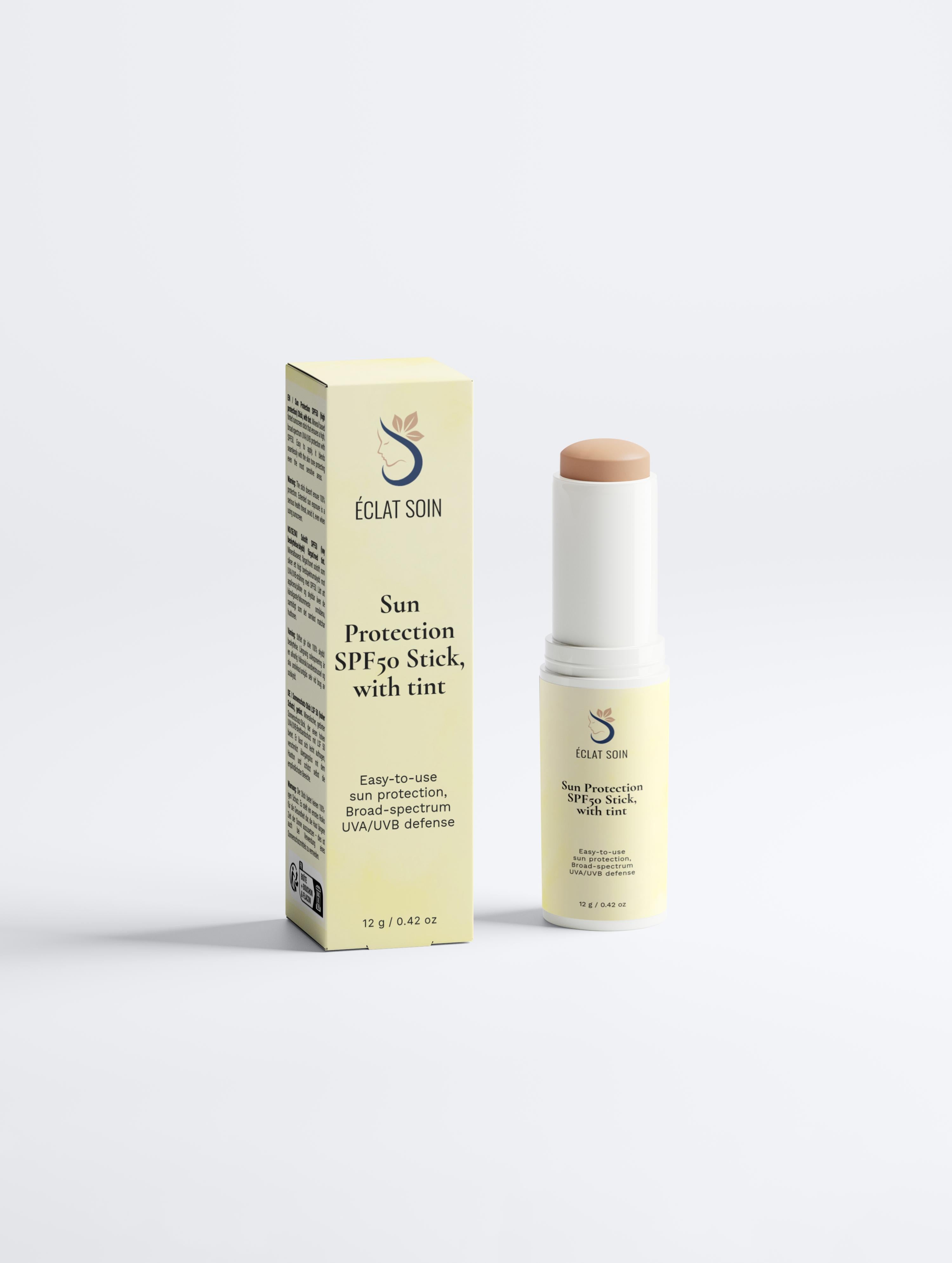 Eclat Soin Sunscreen SPF50 Sun Protection Stick with Tint in packaging for easy application