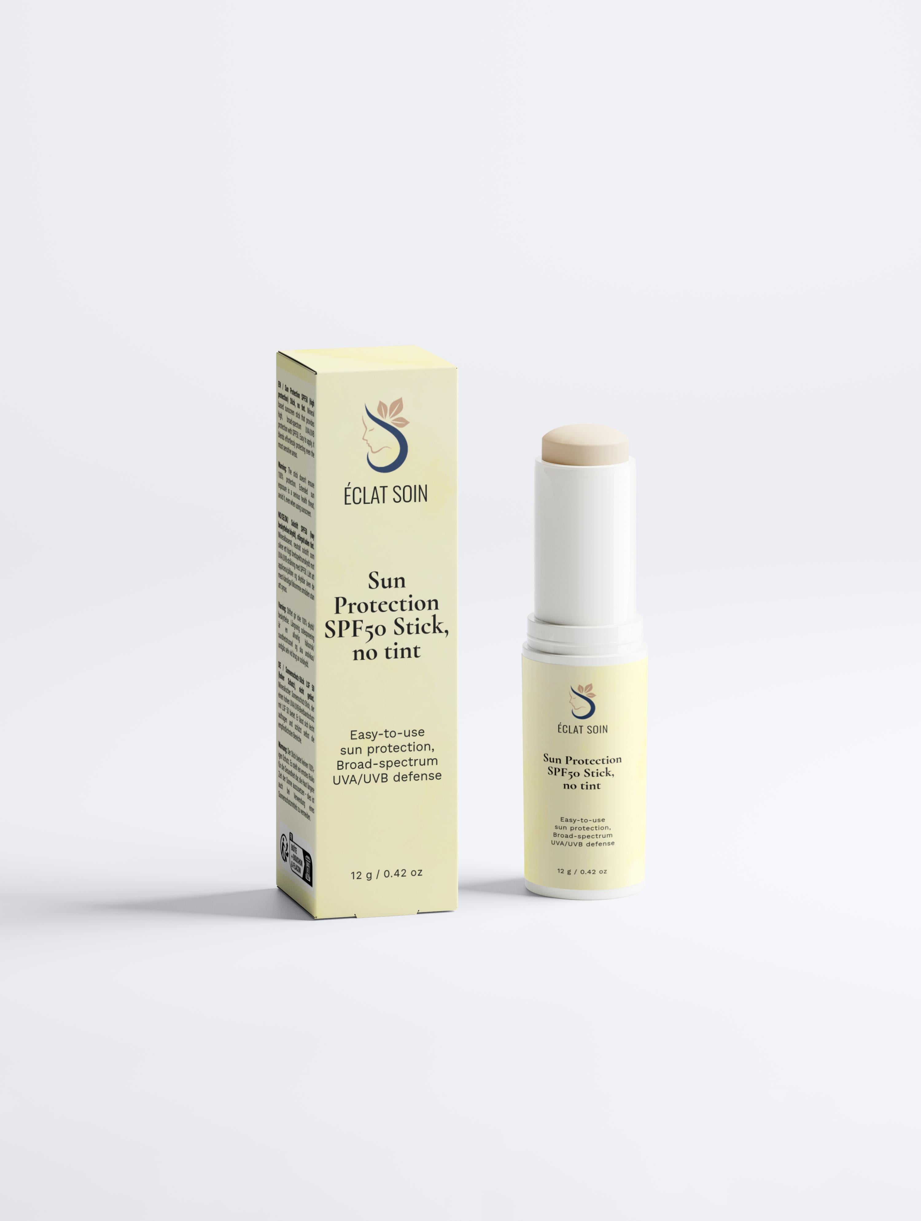 Eclat Soin SPF50 Sun Protection Stick without Tint in a sleek packaging for easy application