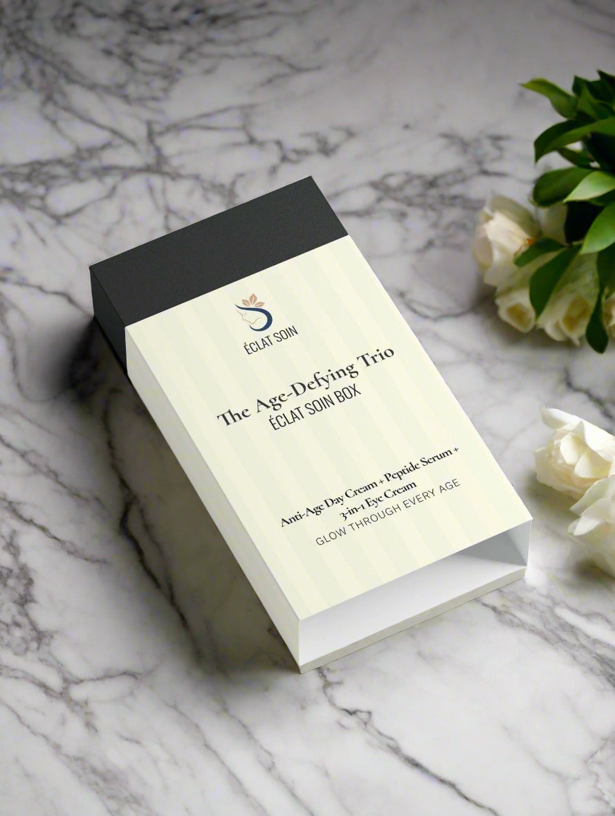 The Age-Defying Trio Skincare Collection Box featuring anti-age day cream and peptide serum