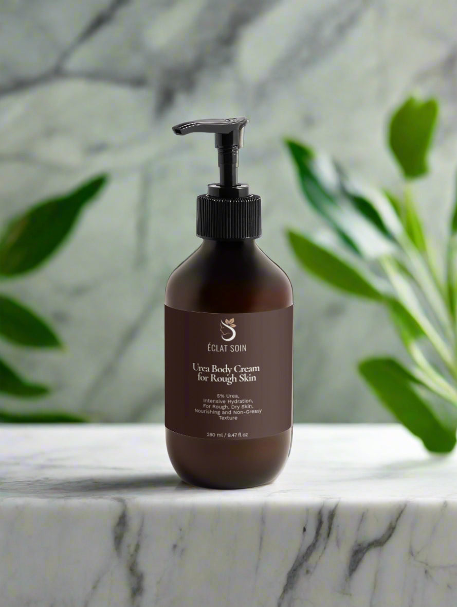 Eclat Soin Urea Body Cream for Rough Skin in a sleek pump bottle, perfect for moisturizing and softening skin