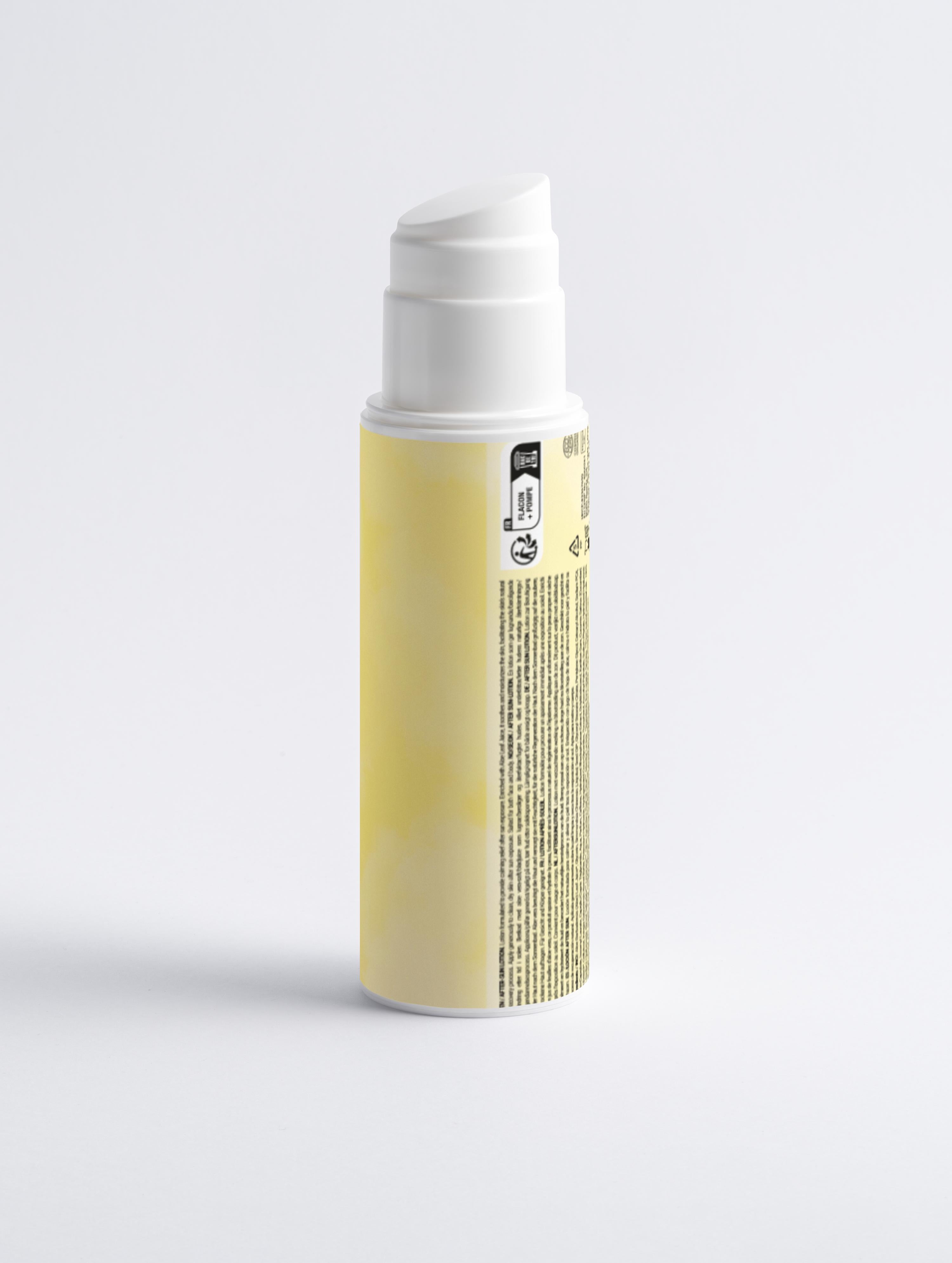 Eclat Soin Soothing After-Sun Lotion in a yellow and white pump bottle for skin relief after sun exposure
