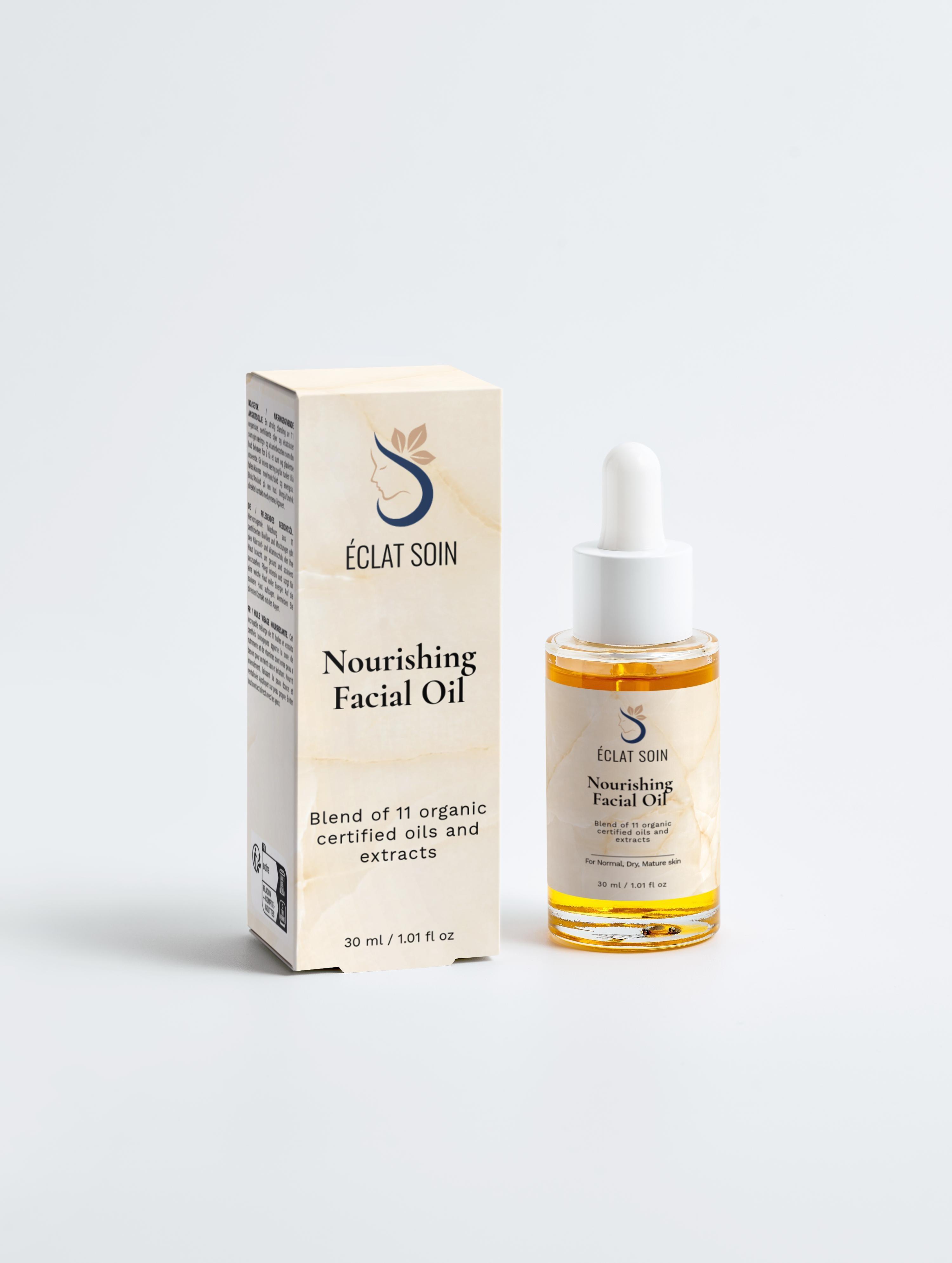Eclat Soin Organic Nourishing Facial Oil in a glass bottle with a dropper and eco-friendly packaging